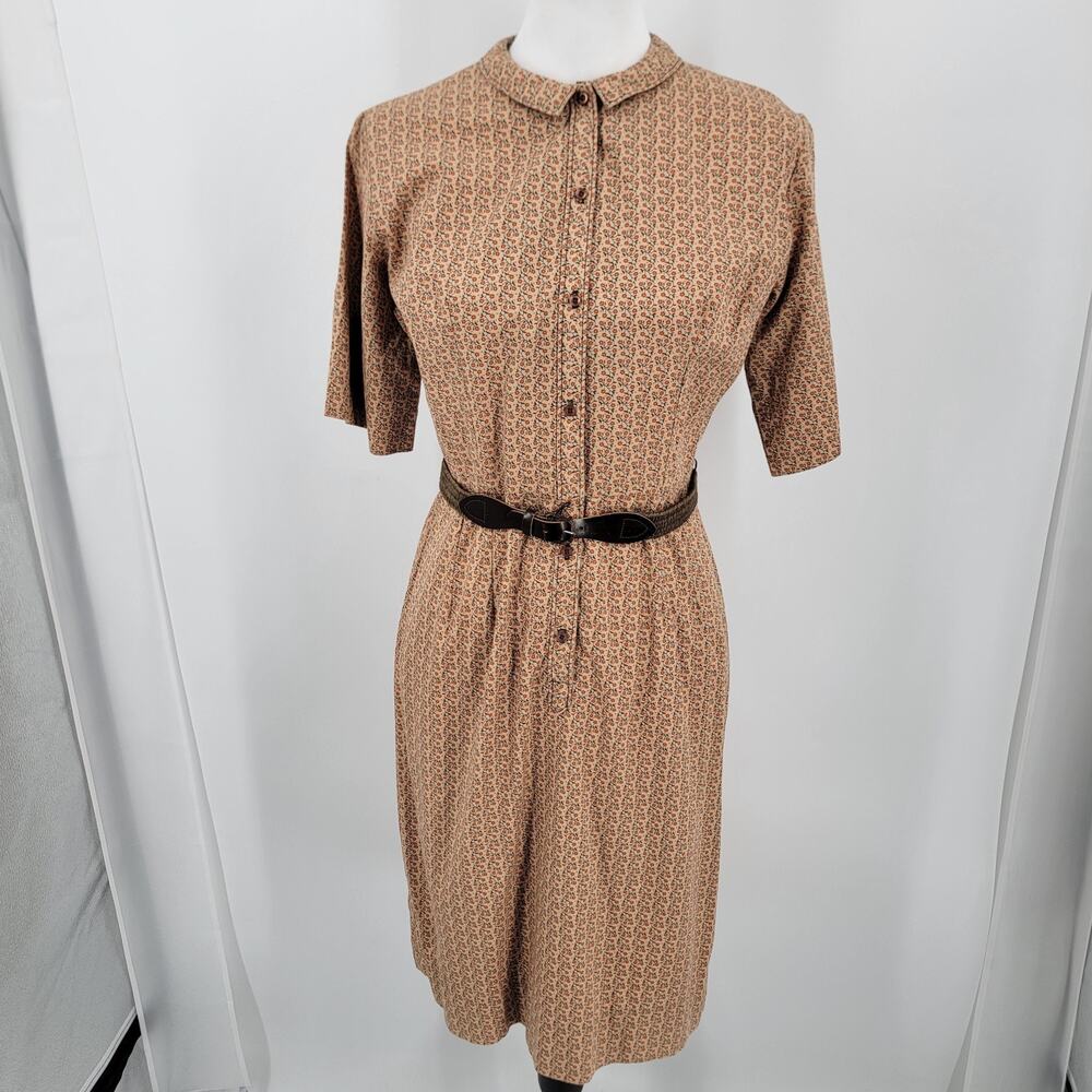 Lady Bird Classics Dress Womens Small 28 InWaist Tan Orange Ditsy Floral Vintage